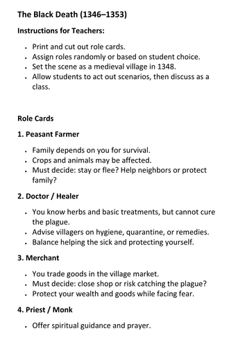 The Black Death (1346–1353) Role Play Pack