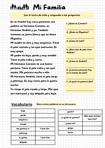 La familia de Lidia - ejercicios LA FAMILIA yr 7/8