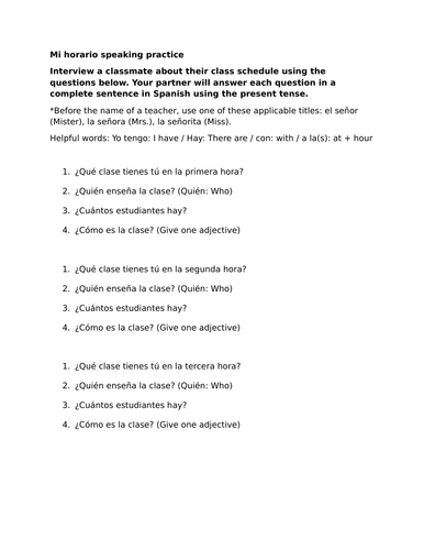 Mi horario speaking practice (Spanish 1)