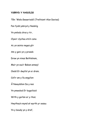 GWASANAETH NADOLIG : "Ysbryd y Nadolig" Carol Gymraeg (geiriau yn unig)