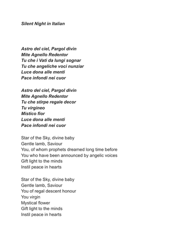 Silent Night in the Italian Language (lyrics only): CHRISTMAS CAROL