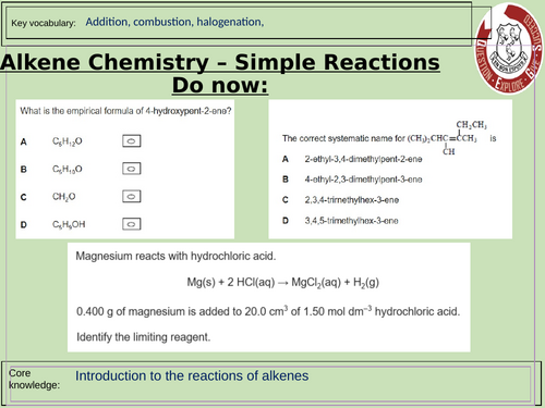 AQA A Level Chemistry Yr12 Alkene chemistry unit