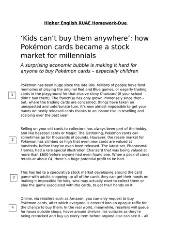 Higher English RUAE Close Reading Pokemon Mini Task