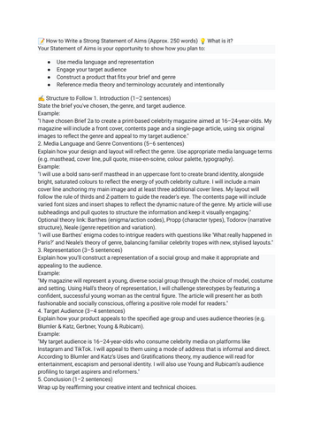 EDUQAS GCSE Media Studies - Writing a Statement of Aims