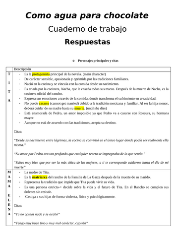 Como Agua Para Chocolate- booklet with answers