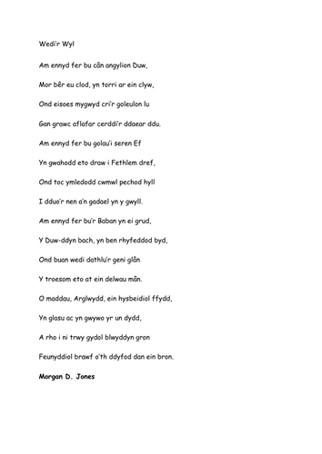 "Wedi'r Wyl" cerdd Nadolig gan Morgan D. Jones: GWASANAETH NADOLIG