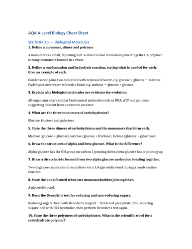 AQA A-Level Biology (7402) - Full Revision Pack (3.1–3.8) 500+ questions and model answers