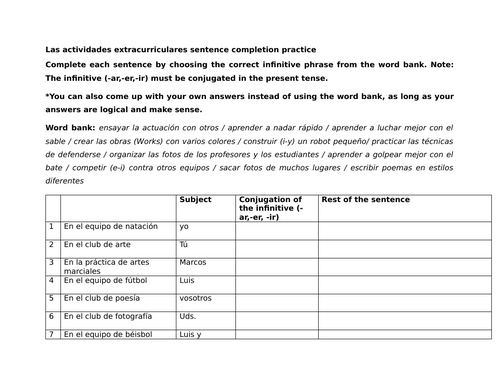 Las actividades extracurriculares sentence completion practice