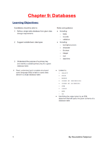 IGCSE Computer Science 0478:Chapter 9: Databases