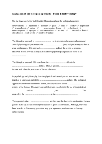 A-Level Psychology - Evaluation of the Biological Approach - Approaches / BioPsychology AQA