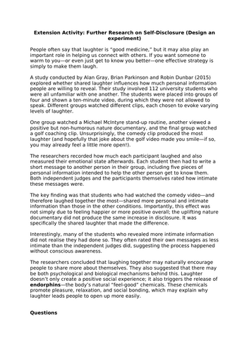 Extension Activity: Further Research on Self-Disclosure (Design an experiment) - A Level Psychology
