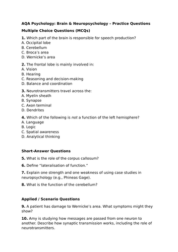 AQA Psychology: Brain & Neuropsychology – Practice Questions and Answers