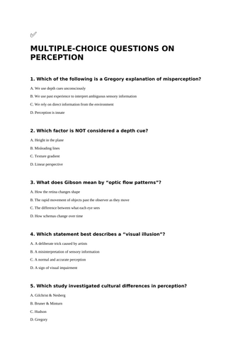 MCQ and 9 marker essay plans on PERCEPTION - GCSE Psychology (AQA) - with ANSWERS