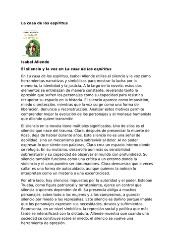 La casa de los espíritus by Isabel Allende – Silence and Voice