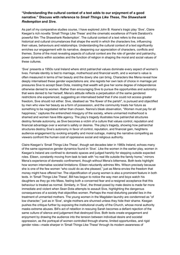 Sample 70 mark Cultural Context Essay on Sive, Small Things Like These and The Shawshank Redemption