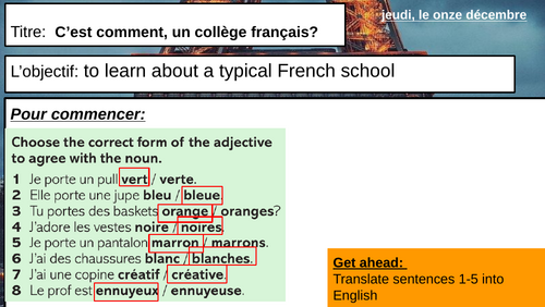 Year 7 French| Dynamo 1| En classe| Full lesson pack