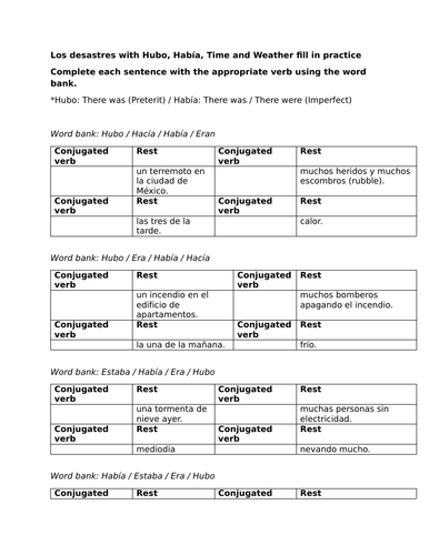 Los desastres with Hubo, Había, Time and Weather fill in practice