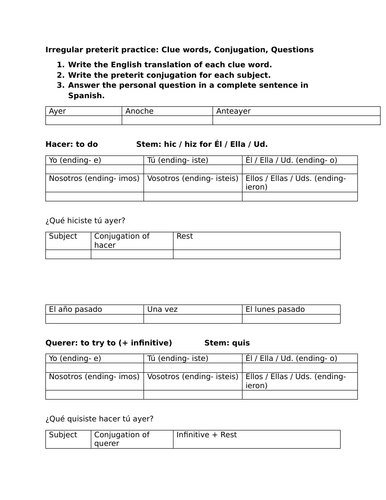 Irregular preterit practice: Clue words, Conjugation, Questions