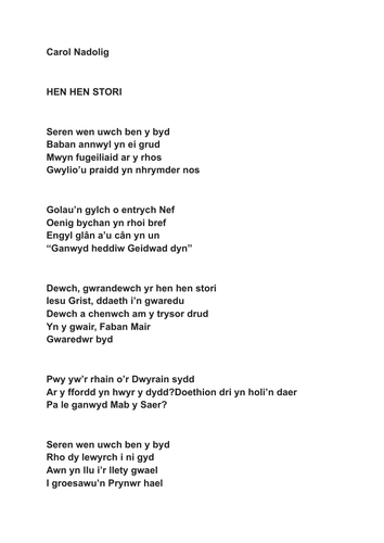 NADOLIG: Geiriau'r Carol Cymraeg: HEN HEN STORI (addas as gyfer gwasanaeth plant)