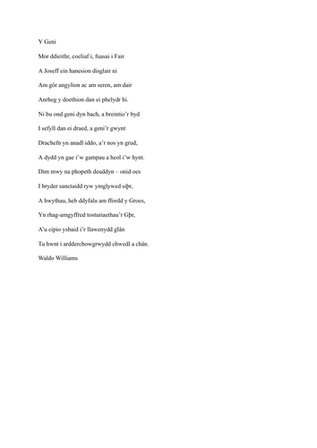 Cerdd Nadolig "Y GENI" Waldo Williams: Blwyddyn 6 Cymraeg Iaith Gyntaf