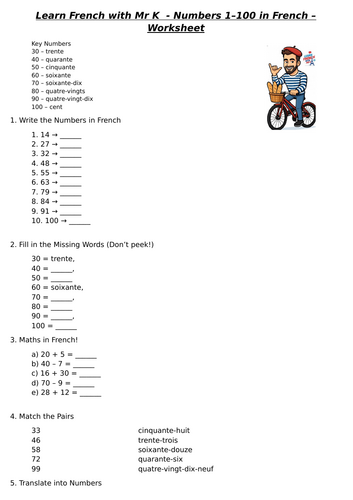 1-100 in French worksheet with exercises