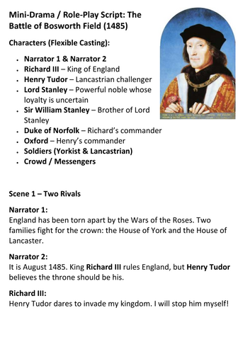 Mini-Drama Role-Play Script The Battle of Bosworth Field (1485)