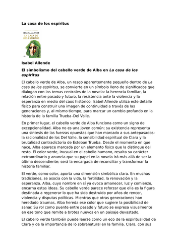 La casa de los espíritus by Isabel Allende – Symbolism –  The green hair of Alba