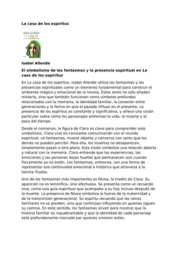 La casa de los espíritus by Isabel Allende – Symbolism – Ghosts and spiritual presence