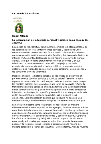 La casa de los espíritus by Isabel Allende – Style  – Interweaving Personal and Political History