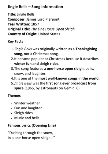 Jingle Bells – Song Information Handout