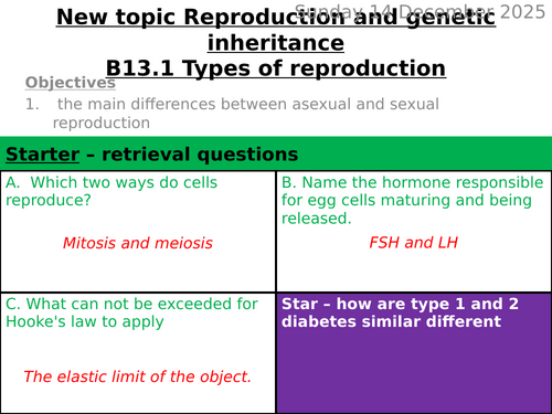 B13 reproduction and genetic inheritance lessons KS4 combined AQA