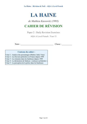 La Haine Booklet (character analysis, research-based,grammar & vocabulary)