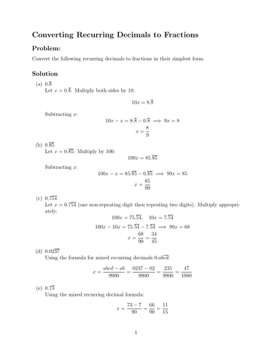 Converting Recurring Decimals to Fractions