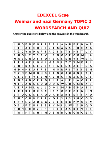 EDEXCEL GCSE HISTORY WEIMAR AND NAZI GERMANY TOPIC 1 WORDSEARCH AND QUIZ