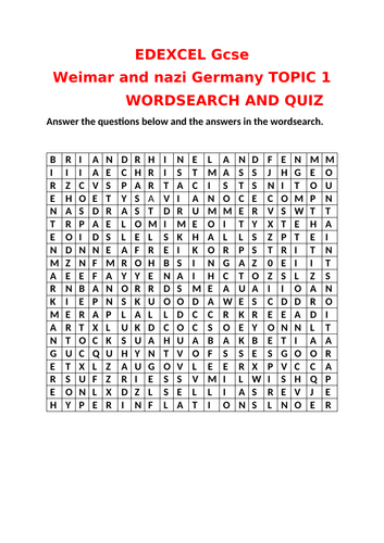 EDEXCEL GCSE HISTORY WEIMAR AND NAZI GERMANY KEY TOPIC 2 WORDSEARCH AND QUIZ