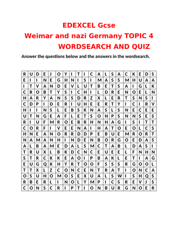 EDEXCEL GCSE HISTORY WEIMAR AND NAZI GERMANY TOPIC 4 WORDSEARCH AND QUIZ