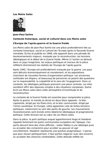 Les Mains sales by Jean-Paul Sartre - Context - Post-World War II Europe and the Cold War