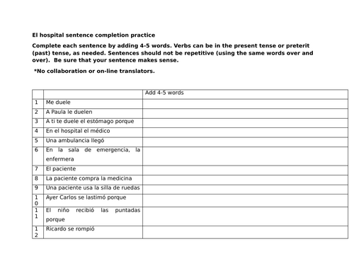 El hospital sentence completion practice