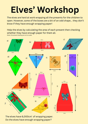 Elves' Workshop (Christmas Maths Area Worksheet)