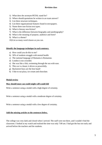 Revision class worksheet activity English Language