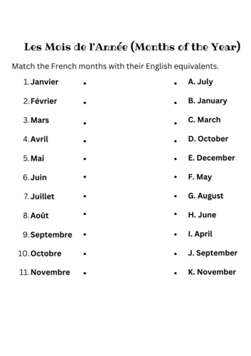 Les Mois De l'Année Matching Activity
