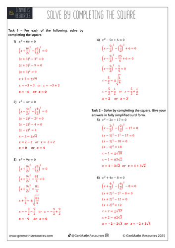 Solve by Completing the Square - Maths Higher GCSE Worksheet