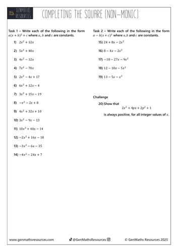 Non-Monic Completing the Square - Maths Higher GCSE Worksheet