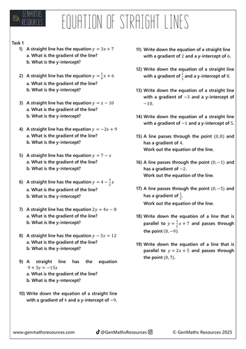 Equations of Straight Lines (y = mx + c) - Maths Foundation GCSE Worksheet