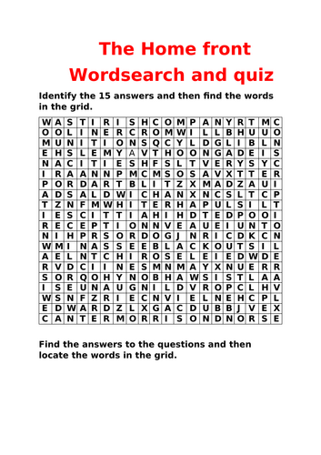 THE HOME FRONT WORDSEARCH AND QUIZ