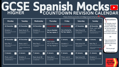AQA GCSE Spanish - Year 11 Mocks Countdown Revision Calendar