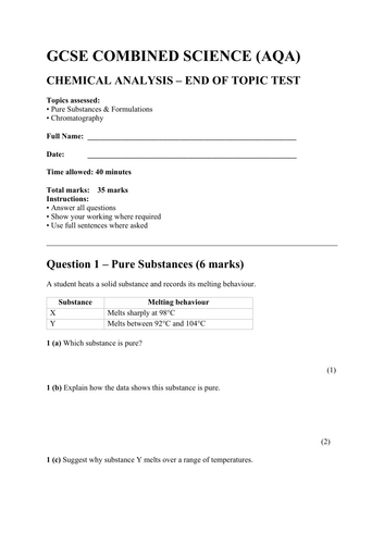 Combined Science  Chemical Analysis End-of-Topic Test