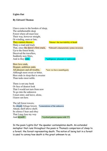 "Lights Out" by Edward Thomas: A LEVEL ENGLISH LITERATURE poetry analysis