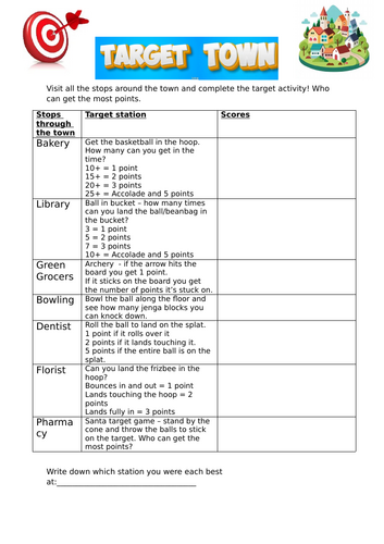 Target town - worksheet with explanation of each station.