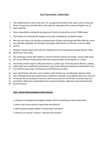 Islamic Spain - Independent Cover Lesson (Comprehension Worksheet)